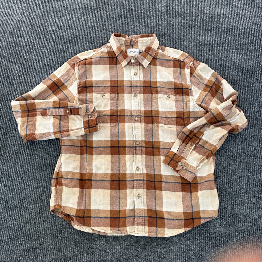 Goodfellow & Co Mens XL Brown Plaid Long Sleeve Button Down Shirt Cotton Blend